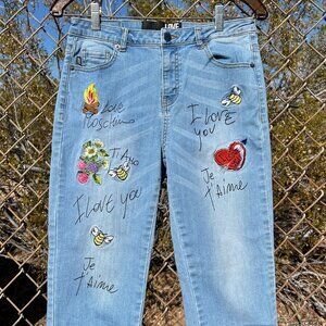 Love Moschino Embroidered Boyfriend Jeans, Stretch Straight Leg, Sz 26 Je T'Aime